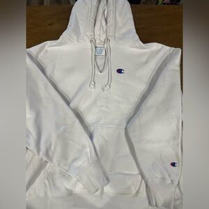 Vintage Champion Reverse Weave Heavyweight White Pullover Hoodie with Blue Logo